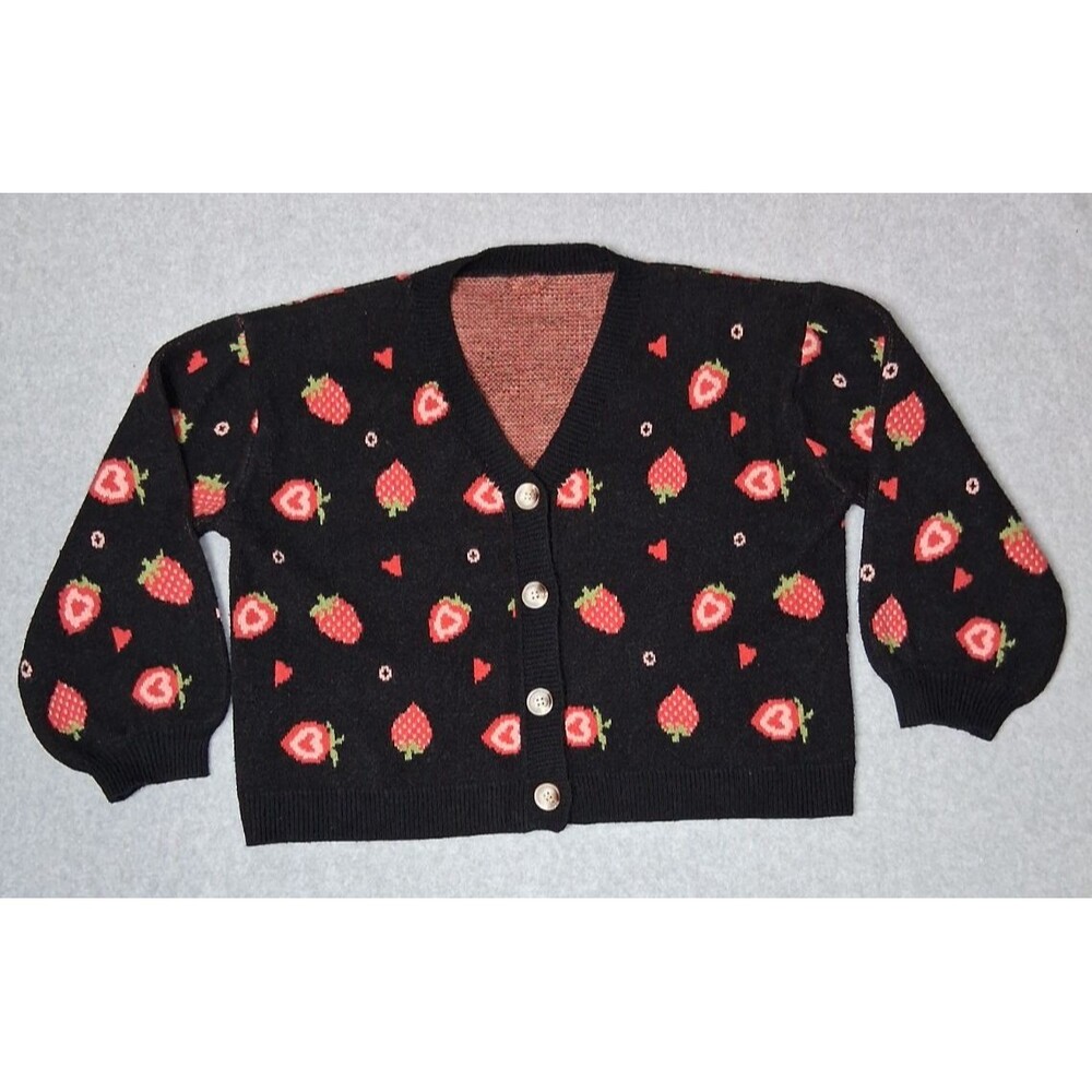 Cider Ballon Sleeve Button Up Cardigan Womens 1XL Black Strawberry Fruit Preppy